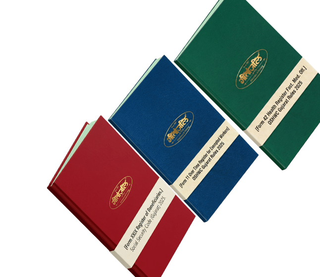 OSHWC Register books — red, blue, and green hardbound volumes with gold Geeta logo and 'From the Leader in Register Solutions Since 1976' band