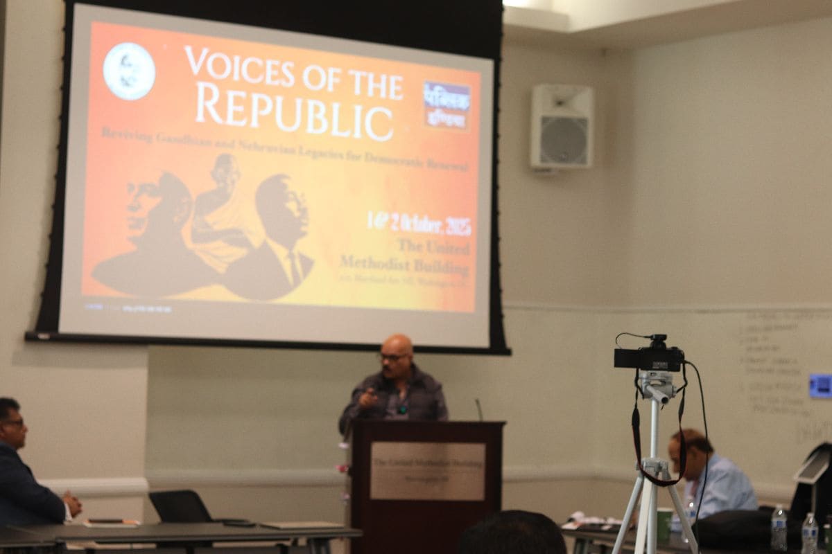 Presentation projected on screen — Voices of the Republic
